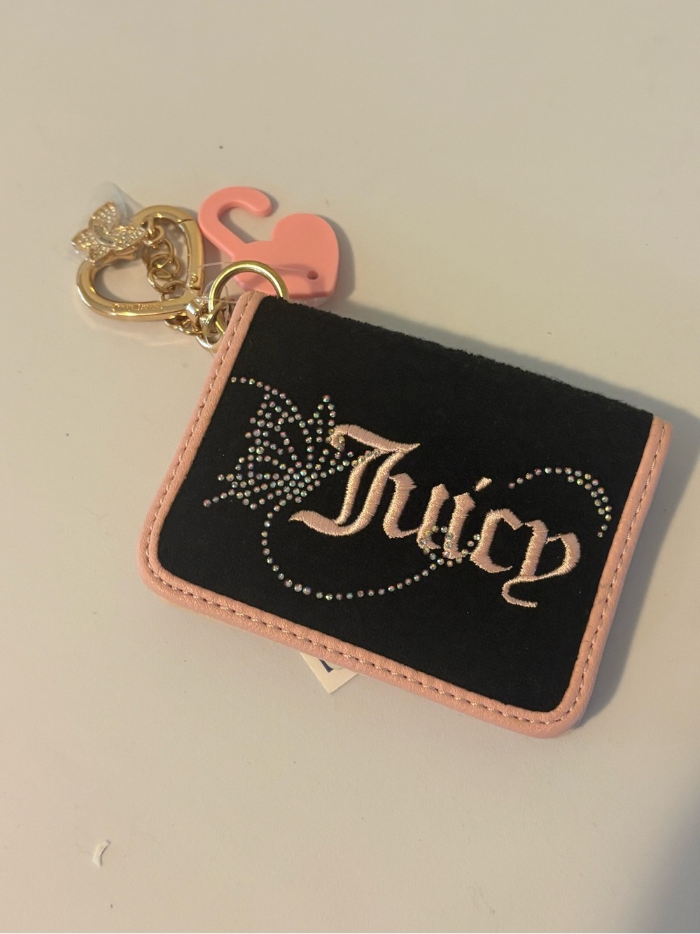 Juicy Couture Black and Light Pink Rhinestone Key & Card Holder wallet